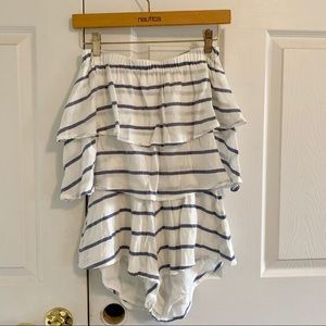 Olivaceous Ruffle Striped Romper Strapless